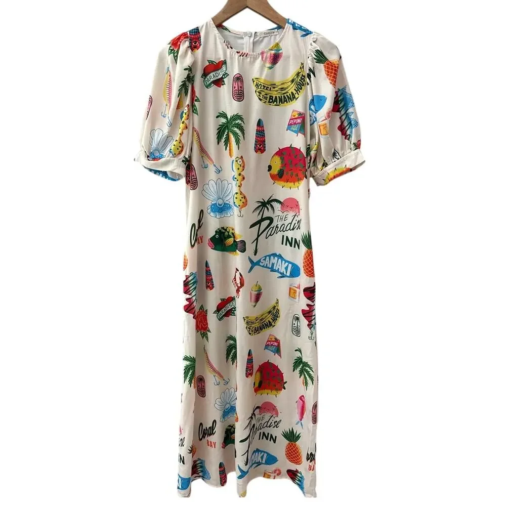 Sunday Up Paradise Printed Puff Sleeve Midi Dress Beige Multi Size Medium - Picture 3 of 11
